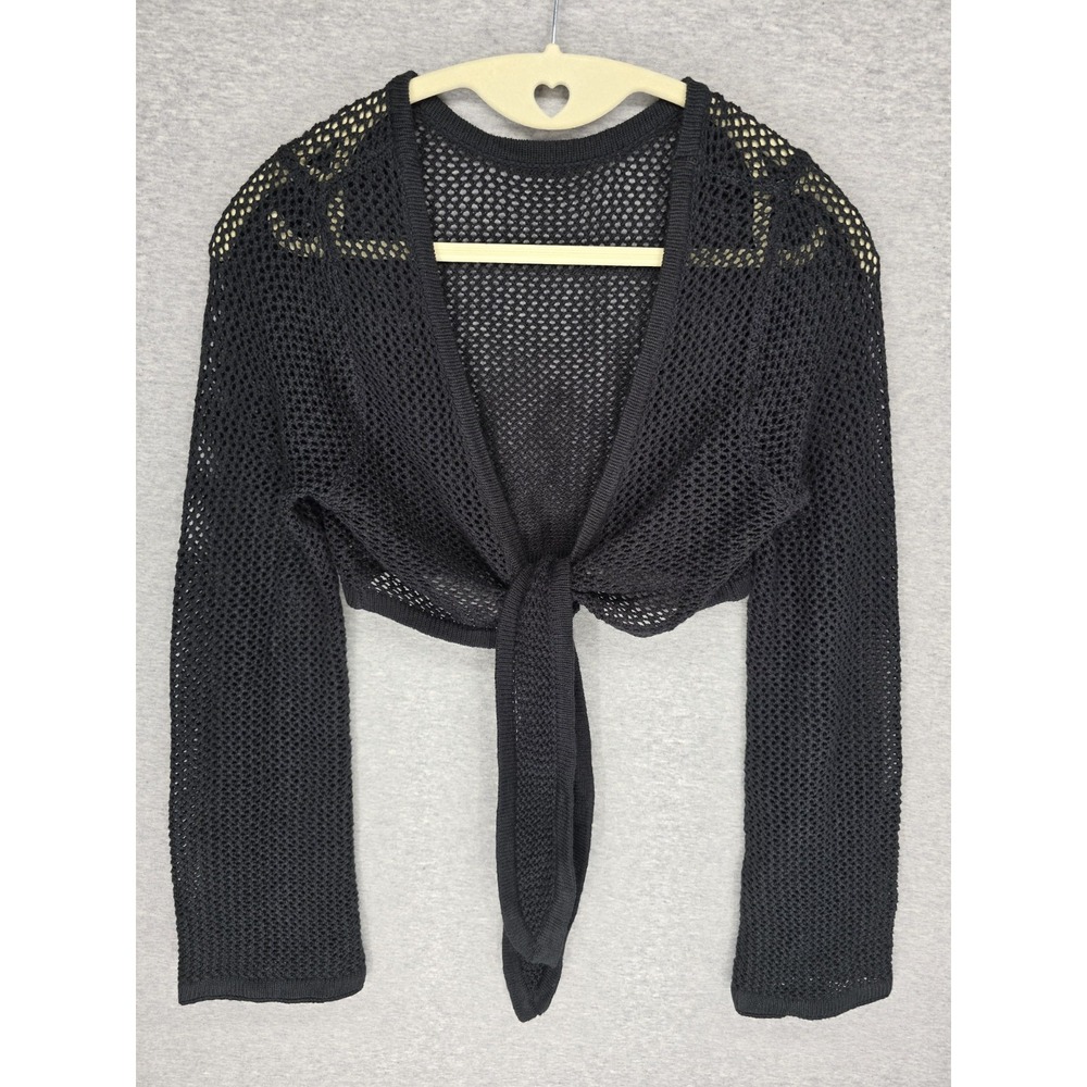 Whimsigoth Black Open Knit Tie Front Shrug Cropped Cardigan Fairy Grunge Y2K